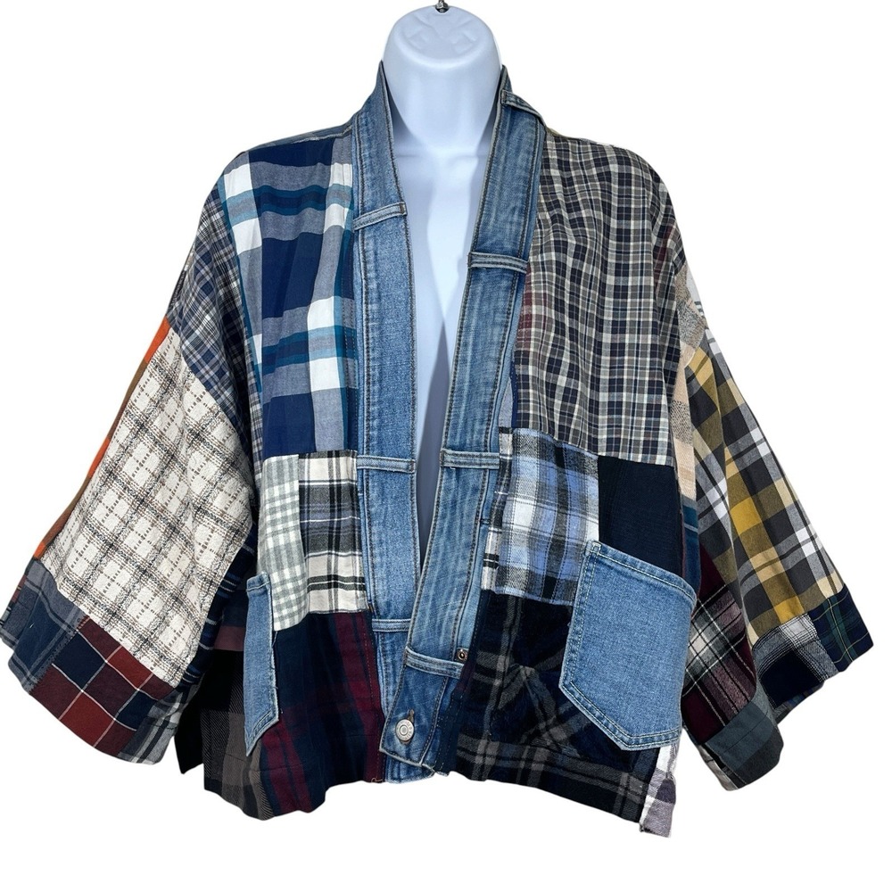 Shannon Passero Upcycled Patchwork Cardigan Plaid Flannel Denim Boho Artsy